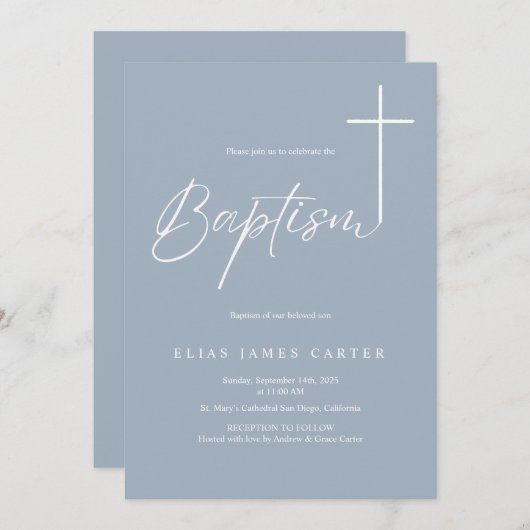 ダスティモダンブエレガントル男の赤ちゃんバプテスマ 招待状 (正面/裏面)