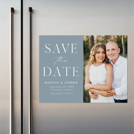 ダスティモダンブエレガント・ブルー・フォト日付の保存 マグネット招待状