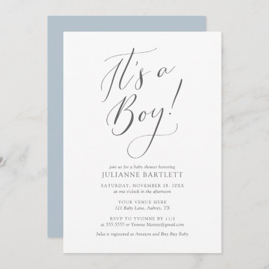 ダスティモダンブルーその男の子の赤ちゃんシャワー 招待状 (正面/裏面)