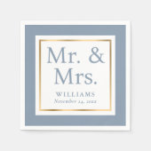 ダスティモダンブルーと金ゴールドのナ結婚プキン スタンダードカクテルナプキン (正面)