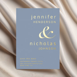 ダスティモダンブルーウェディング日付金ゴールドを保存 箔招待状