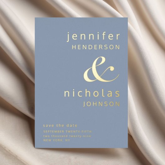 ダスティモダンブルーウェディング日付金ゴールドを保存 箔招待状