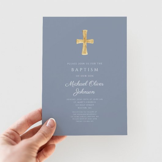 ダスティモダンブルークロスボーイバプテスマ招待状 招待状