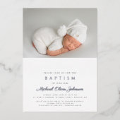 ダスティモダンブルーシルバークロスボーイフォトバプテスマ 箔招待状 (正面)