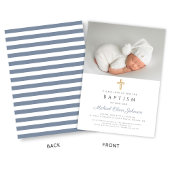 ダスティモダンブルーストライプのクロスカットフォトボーイバプティズム 招待状