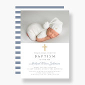 ダスティモダンブルーストライプのクロスカットフォトボーイバプティズム 招待状