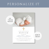 ダスティモダンブルーストライプのクロスカットフォトボーイバプティズム 招待状