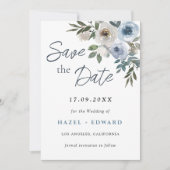 ダスティモダンブルーフォトウェディング日付カードを保存 セーブザデート (正面)