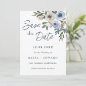 ダスティモダンブルーフォトウェディング日付カードを保存 セーブザデート (スタンド正面)