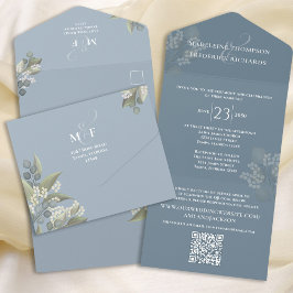 ダスティモダンブルーフローラミニマルQRコードRSVP オールインワン招待状