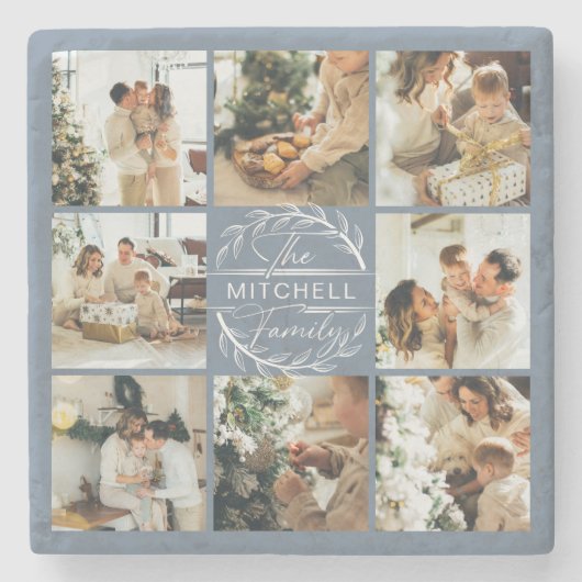 ダスティモダンブルーモノグラムイニシャルファミリーフォト ストーンコースター (正面)