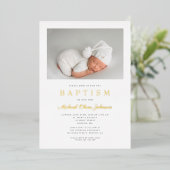 ダスティモダンブルー金ゴールドスクリプト写真ボーイバプテスマ 箔招待状 (立ち正面)