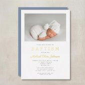 ダスティモダンブルー金ゴールドスクリプト写真ボーイバプテスマ 箔招待状