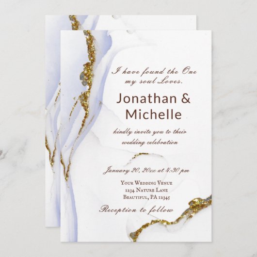 ダスティモダンブルー金ゴールド抽象芸術クリスチャン結婚ズ 招待状 (正面/裏面)