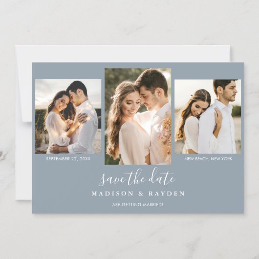 ダスティモダンブルー3写真結婚式の日付を保存 マグネット招待状 (正面)
