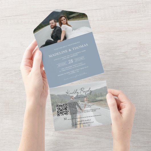 ダスティモダンブルーQRコード2写真RSVP結婚's オールインワン招待状 (貼ってはがせる)
