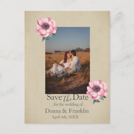 ダスティモダン・ピンク・ローズSave the Date Photo ポストカード (正面)