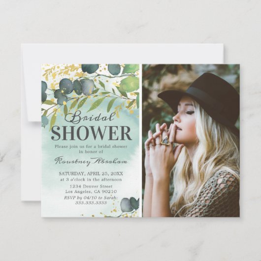 ダスティユーカリ金ゴールド写真ブライダルシャワー 招待状 (正面)