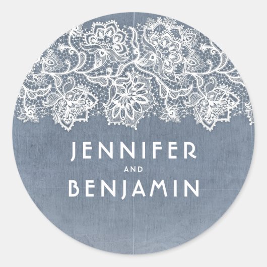 ダスティライトブルーとホワイトレースヴィンテージウェディング ラウンドシール (正面)