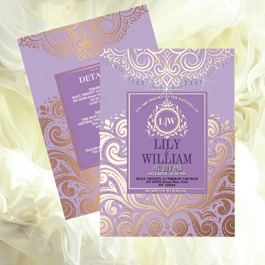 ダスティラベンダーピンクゴールドクラシックモノグラム結婚ズ 箔招待状