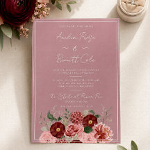 ダスティローズバーガンディフラワーのエレガントな結婚式招待状