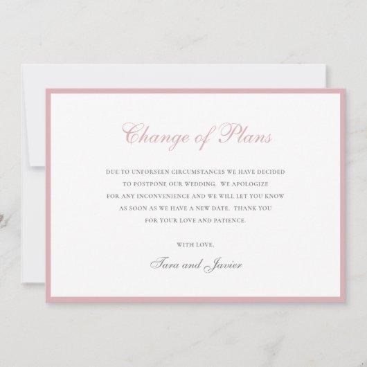 ダスティローズピンクの結婚式延期カード(写真なし) Change of Plans セーブザデート (正面)