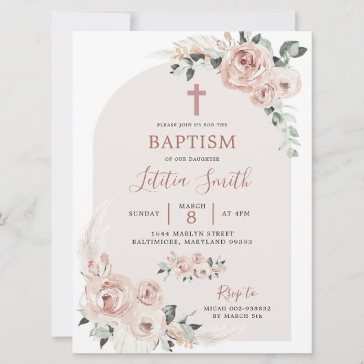 ダスティローズピンククロス洗礼招待状 招待状 (正面)