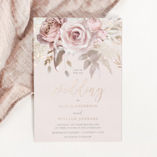 ダスティローズ ブルッシュ フローラル 秋の結婚式 ローズゴールド 箔招待状