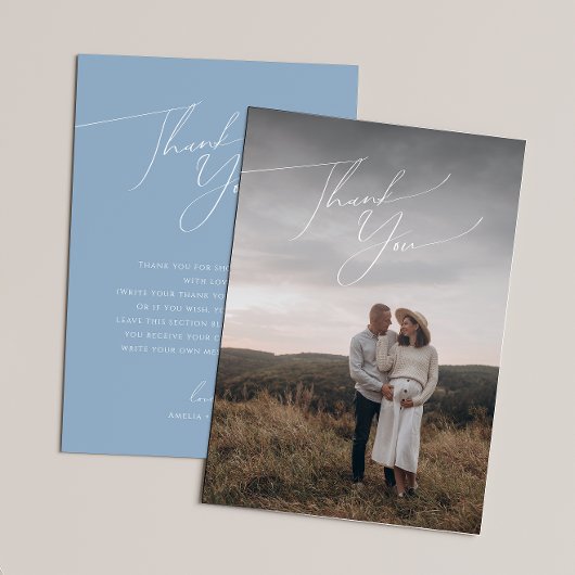 ダスティーお洒落ブルー縦写真ベビーシャワー サンキューカード