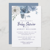 ダスティーかわいらしブルーアイボリーバラベビーシャワー 招待状 (正面/裏面)