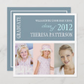 ダスティーかわいらしブルーフォトコラージュ卒業パーティー 招待状 (正面/裏面)