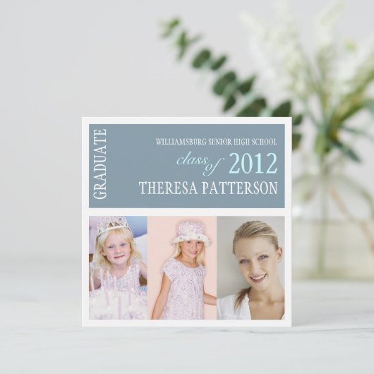 ダスティーかわいらしブルーフォトコラージュ卒業パーティー 招待状 (スタンド正面)