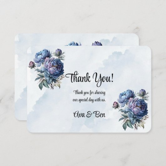 ダスティーと海軍の水色の牡丹結婚の サンキューカード (正面/裏面)