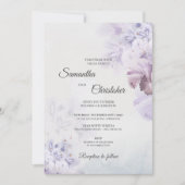 ダスティーな紫と青と茶色の象牙色の花柄のウェディングドレス 招待状 (正面)