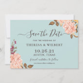 ダスティーアクアブルーのフラワーブラッシュ ウェディング セーブ・ザ・デート 招待状 (正面)