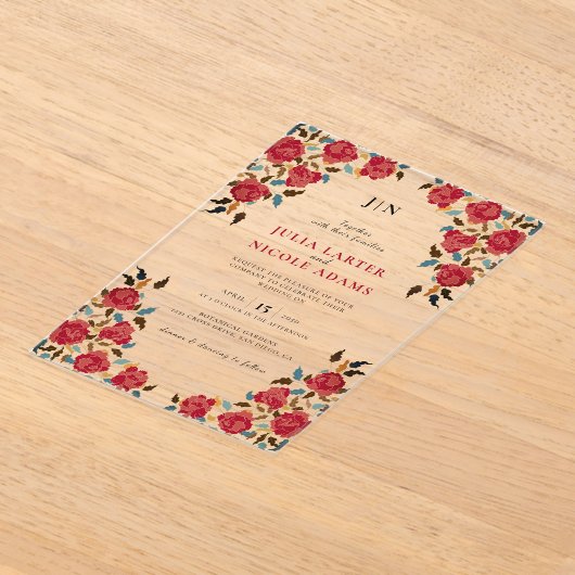 ダスティーエレガントゴールデンレッドローズ結婚フラワーズ アクリル招待状 (レイダウン)