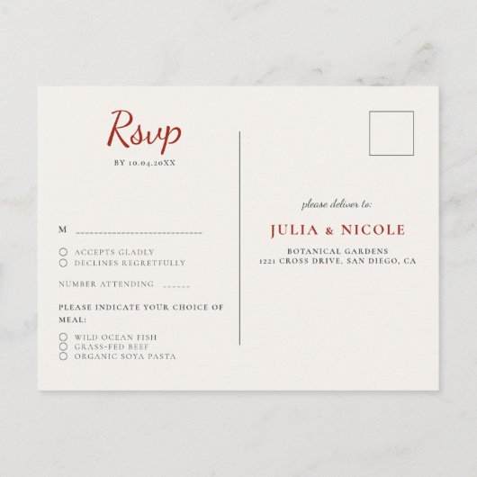 ダスティーエレガントゴールデンレッドローズ結婚フラワーズ ポストカード (裏面)