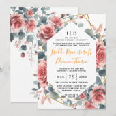 ダスティーエレガントバラピンクマウヴ金ゴールド結婚フローラ 招待状 (正面/裏面)