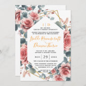 ダスティーエレガントバラピンクマウヴ金ゴールド結婚フローラ 招待状 (正面/裏面)
