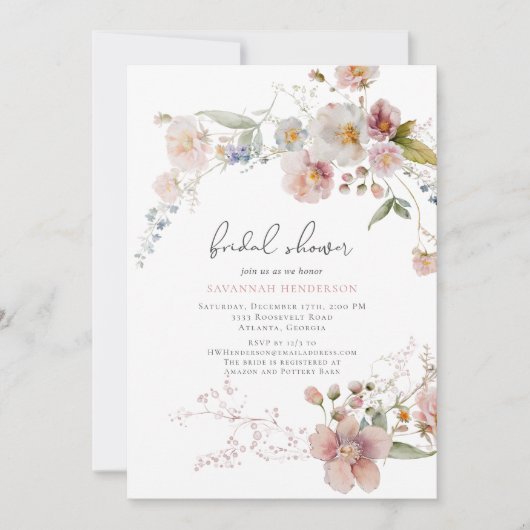 ダスティーエレガントピンクガーデンフローラブライダルシャワー 招待状 (正面)