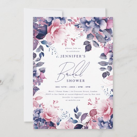 ダスティーエレガントピンクパープルフローラブライダルシャワー 招待状 (正面)