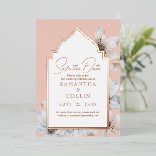 ダスティーエレガントピンクマグノリア花の保存日 箔招待状 (立ち正面)