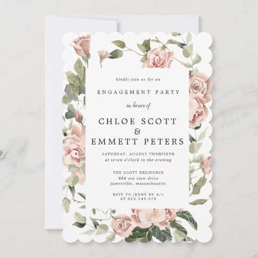 ダスティーエレガントピンクローズフローラ婚約パーティ 招待状 (正面)