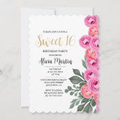 ダスティーエレガントピンクローズ金ゴールドスウィート16誕生日 招待状 (正面)