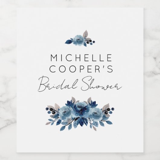 ダスティーエレガントブルーとネイビーフローラ ワインラベル (シングルラベル)