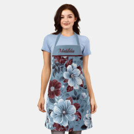 ダスティーエレガントブルーとブルゴーニュのフローラエプロン エプロン