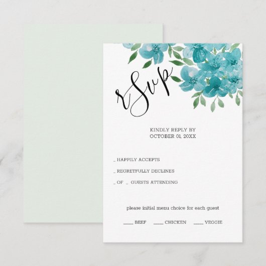 ダスティーエレガントブルーとミントフローラウォーターカラーアート 出欠カード (正面/裏面)