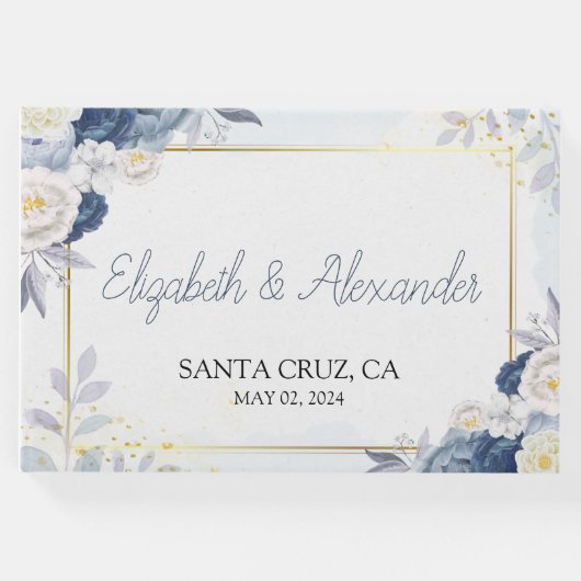 ダスティーエレガントブルーと金ゴールドフローラ結婚ズ ゲストブック (正面)