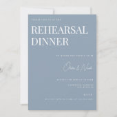 ダスティーエレガントブルーのリハ結婚ーサルディナーカード 招待状 (正面)