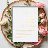 ダスティーエレガントブルーアンパサンド結婚の金ゴールド 箔招待状